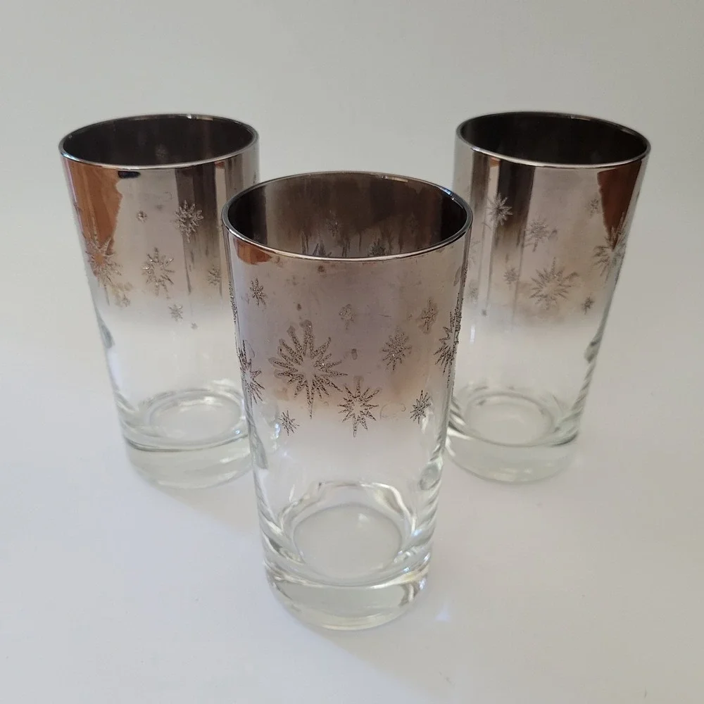 Dorothy Thorpe High Ball Glasses 3 Vintage Silver‎ Atomic Starburst Lusterware